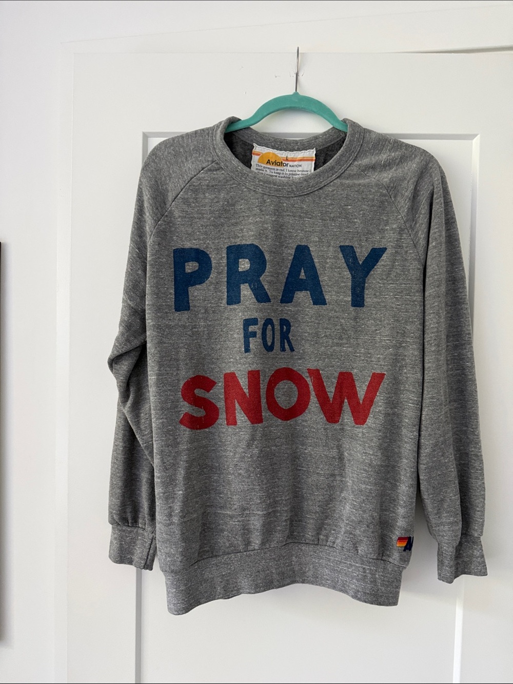 Aviator Nation Gray Crewneck with Blue and Red 'PRAY FOR SNOW' Graphic
